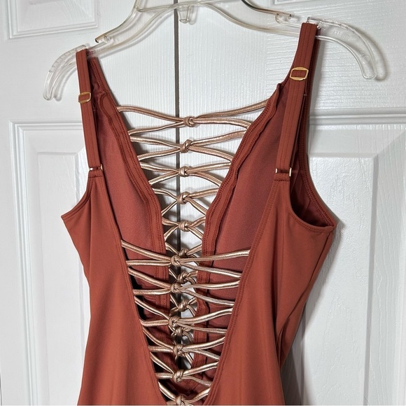 Bleu Rod Beattie Plunge One Piece Swimsuit Brown Gold - Picture 11 of 14